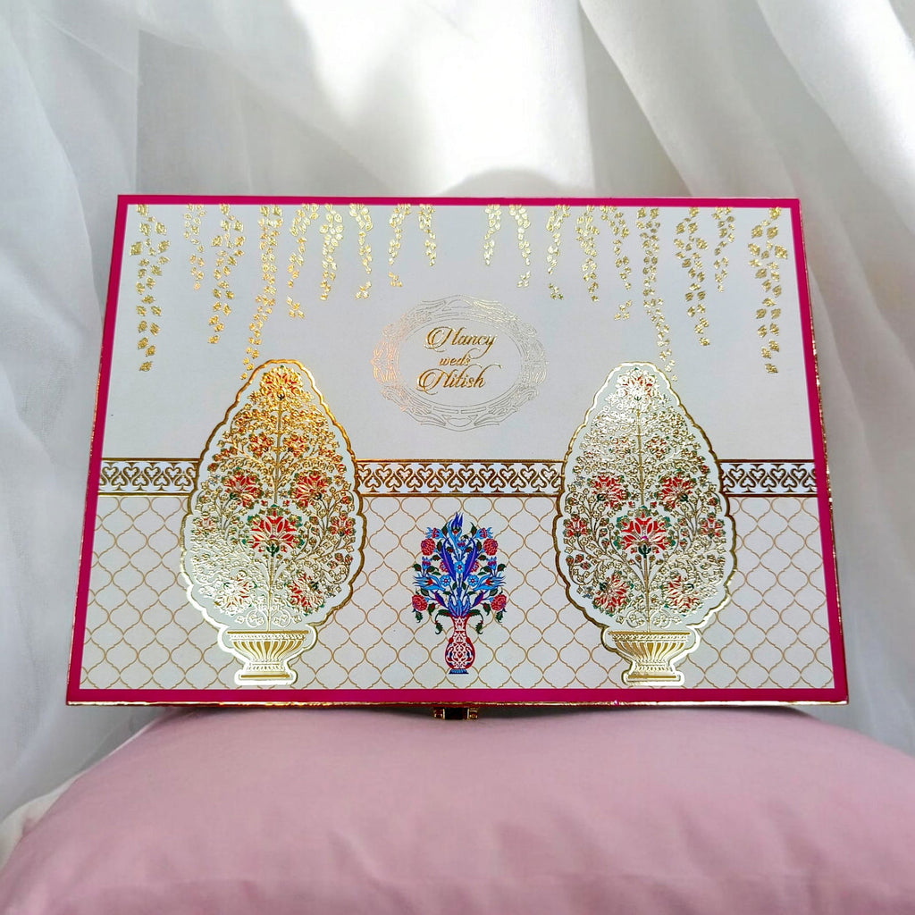 KL2209 Royal Flower Design MDF Wedding Gift Box with Customisable 2 Printed Cards (2 Jars) - Kalash Cards
