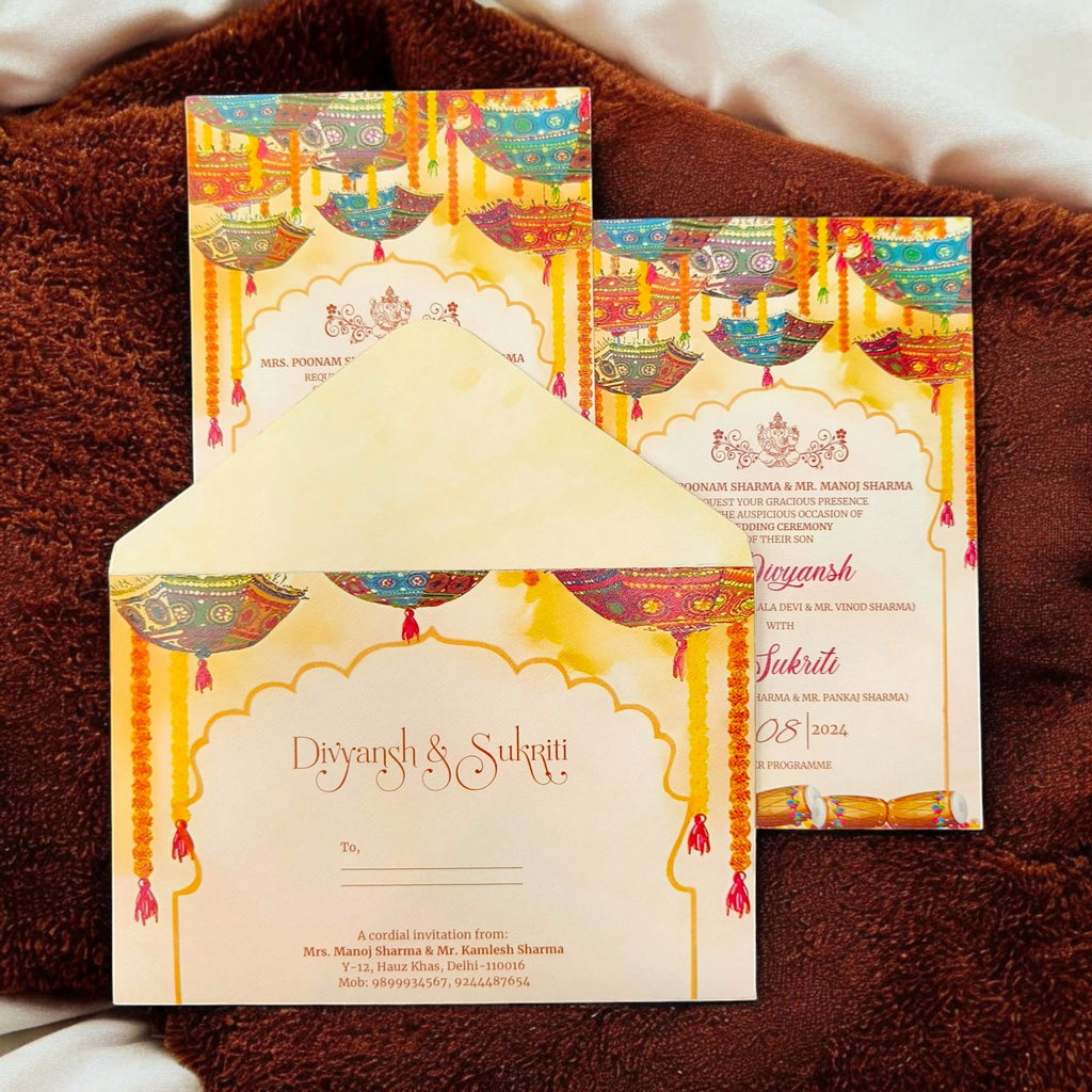 KL2210 Colorful Umbrella Design Luxury Wedding Invitation Card with 2 Printed Cards and Matching Envelope - Kalash Cards