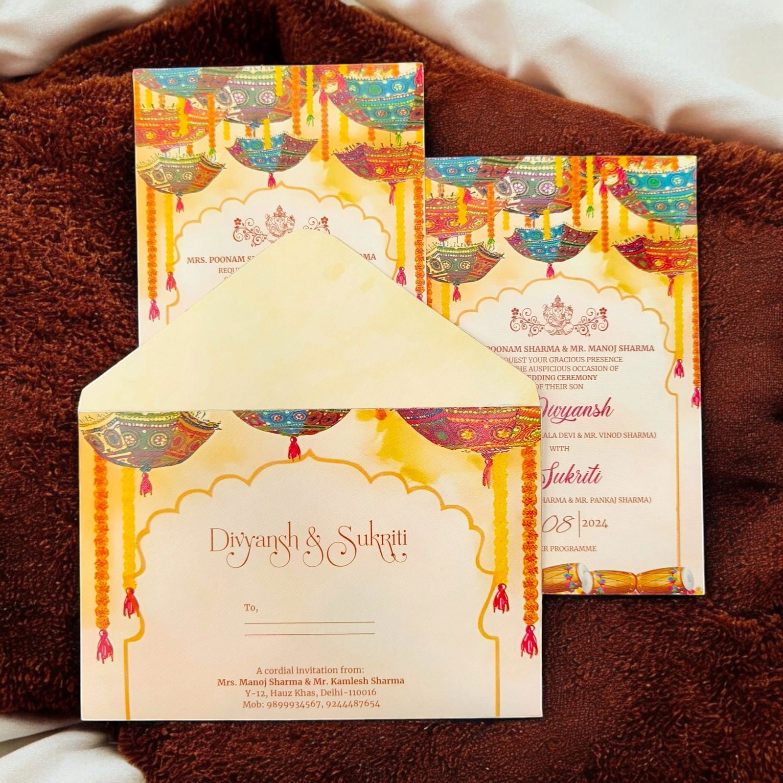 KL2210 Colorful Umbrella Design Luxury Wedding Invitation Card with 2 Printed Cards and Matching Envelope - Kalash Cards