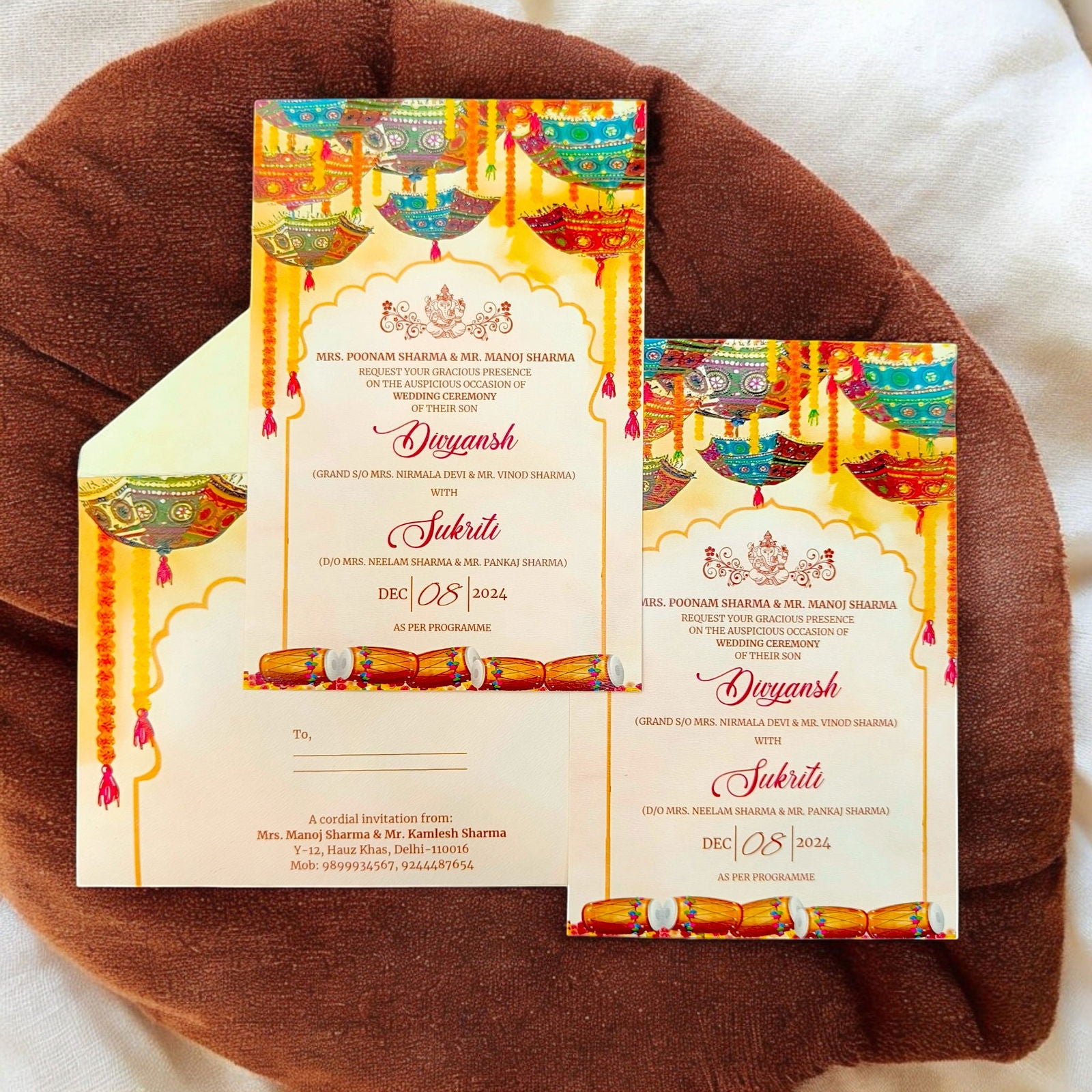 KL2210 Colorful Umbrella Design Luxury Wedding Invitation Card with 2 Printed Cards and Matching Envelope - Kalash Cards