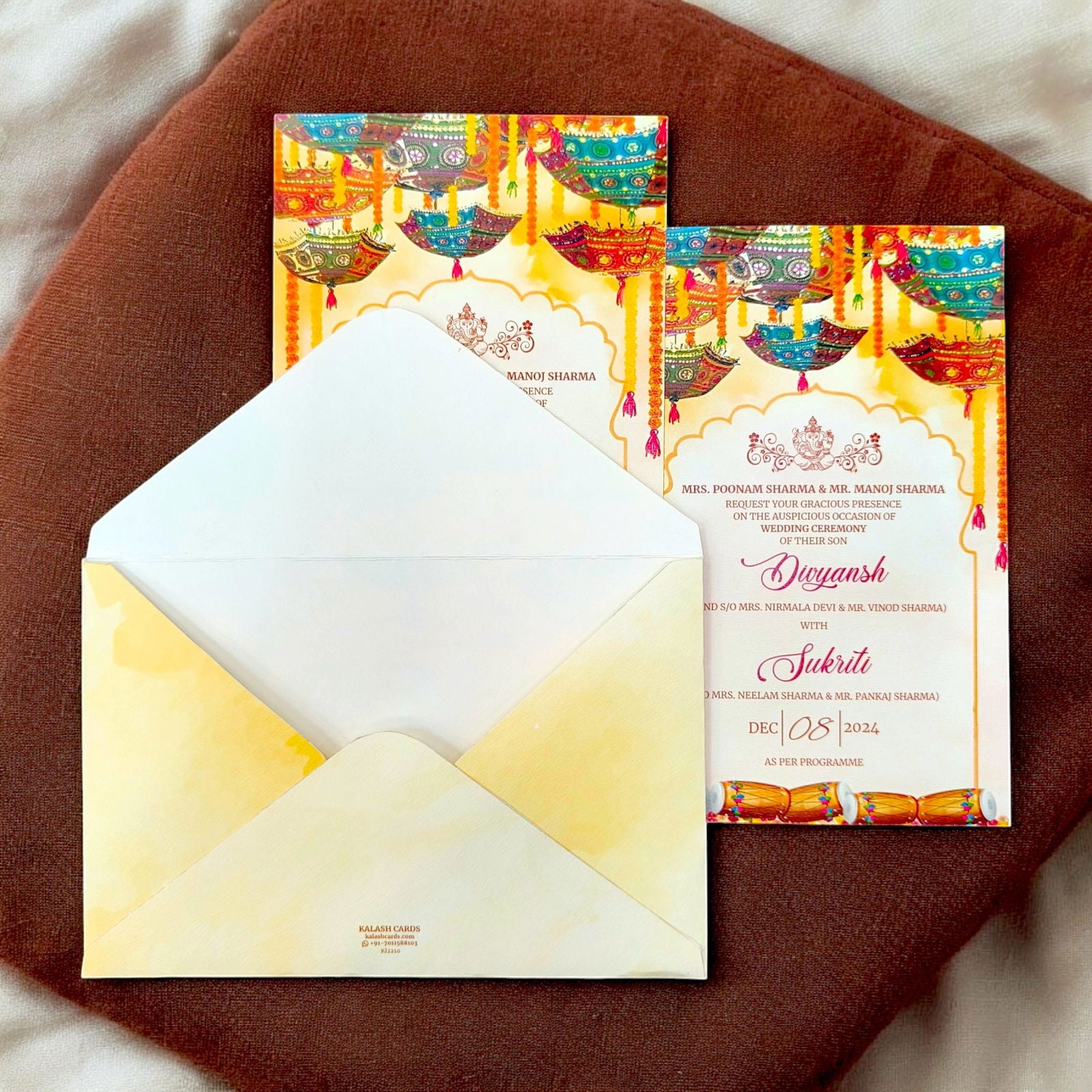 KL2210 Colorful Umbrella Design Luxury Wedding Invitation Card with 2 Printed Cards and Matching Envelope - Kalash Cards