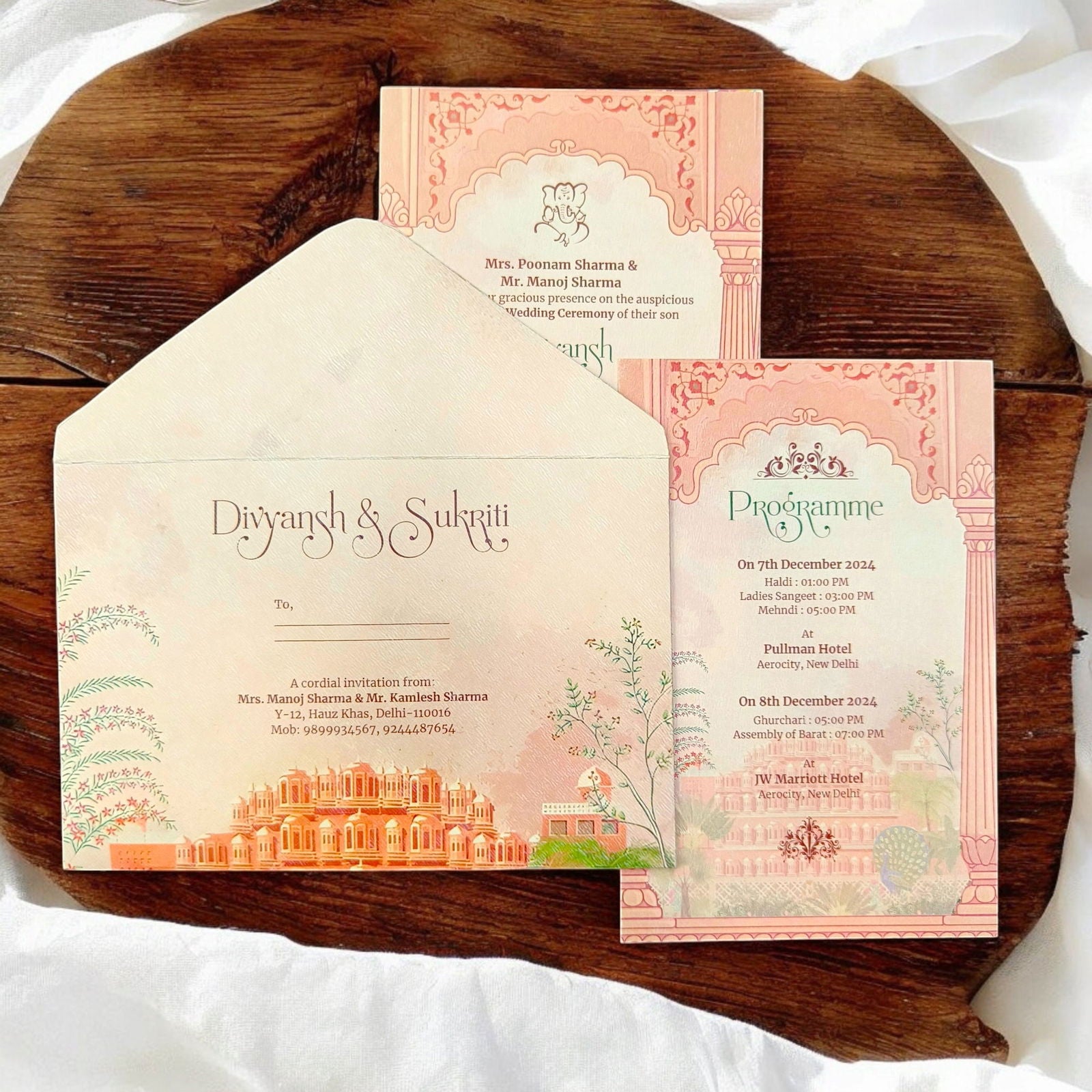 KL2211 Traditional Fort Design Luxury Wedding Invitation Card with 2 Printed Cards and Matching Envelope - Kalash Cards