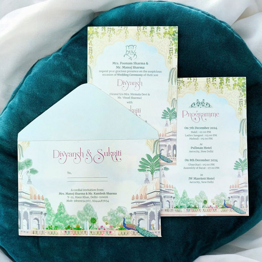 KL2212 Elegant Peacock Green Lush Design Luxury Wedding Invitation Card with 2 Printed Cards and Matching Envelope - Kalash Cards