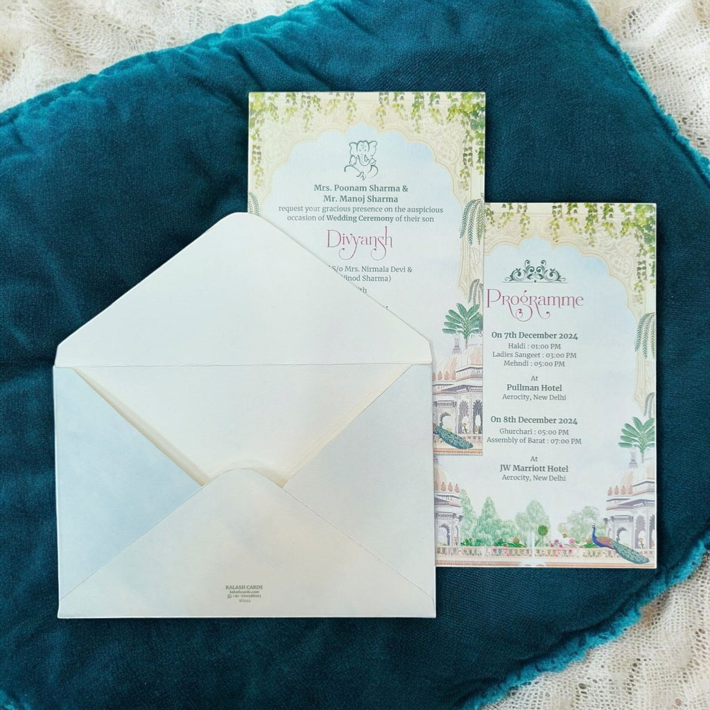 KL2212 Elegant Peacock Green Lush Design Luxury Wedding Invitation Card with 2 Printed Cards and Matching Envelope - Kalash Cards