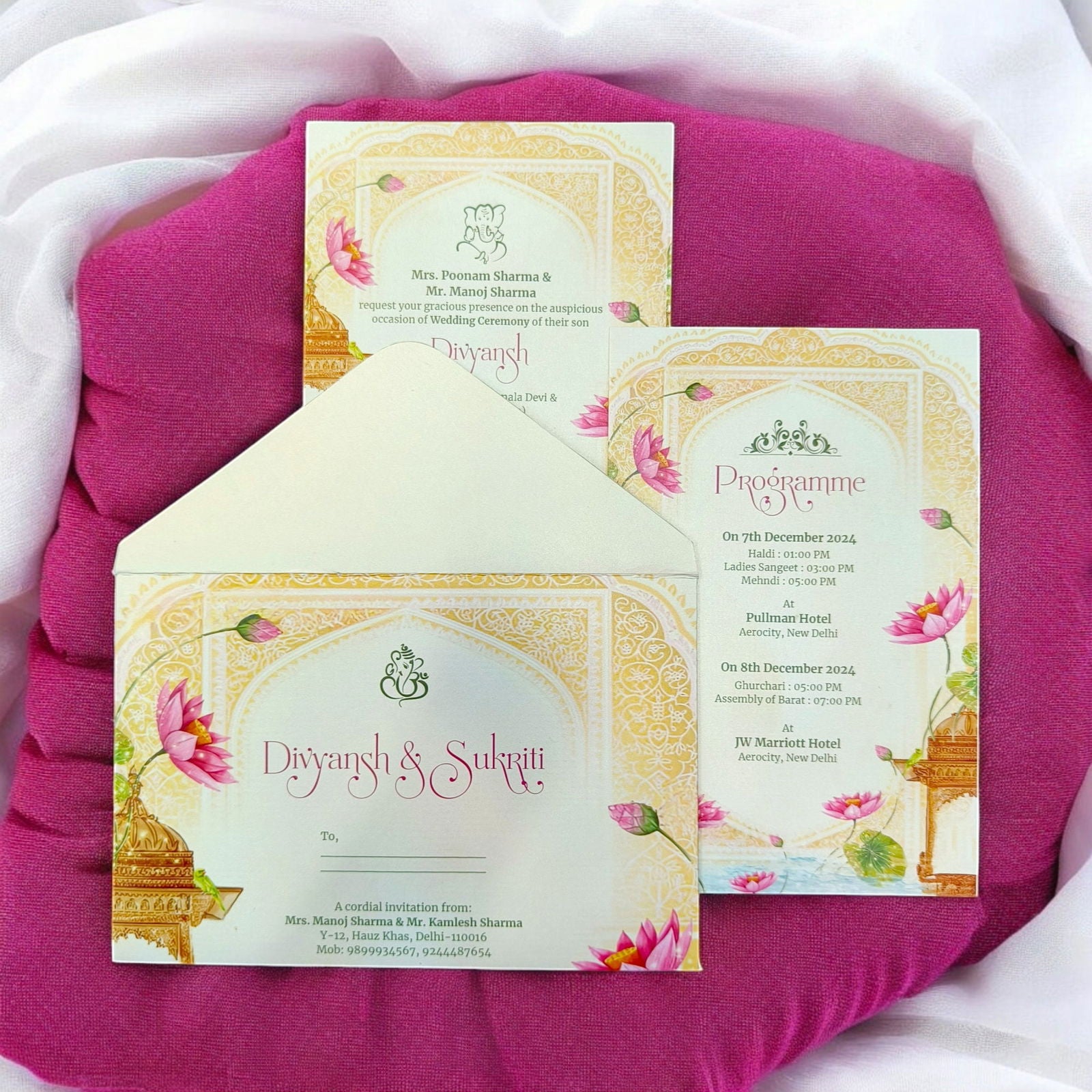 KL2214 Blooming Lotus Design Luxury Wedding Invitation Card with 2 Printed Cards and Matching Envelope - Kalash Cards
