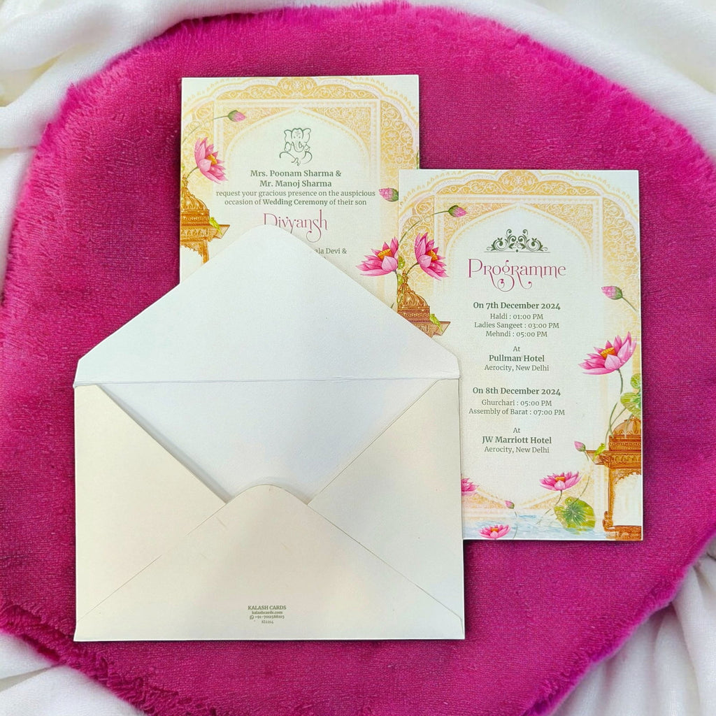 KL2214 Blooming Lotus Design Luxury Wedding Invitation Card with 2 Printed Cards and Matching Envelope - Kalash Cards