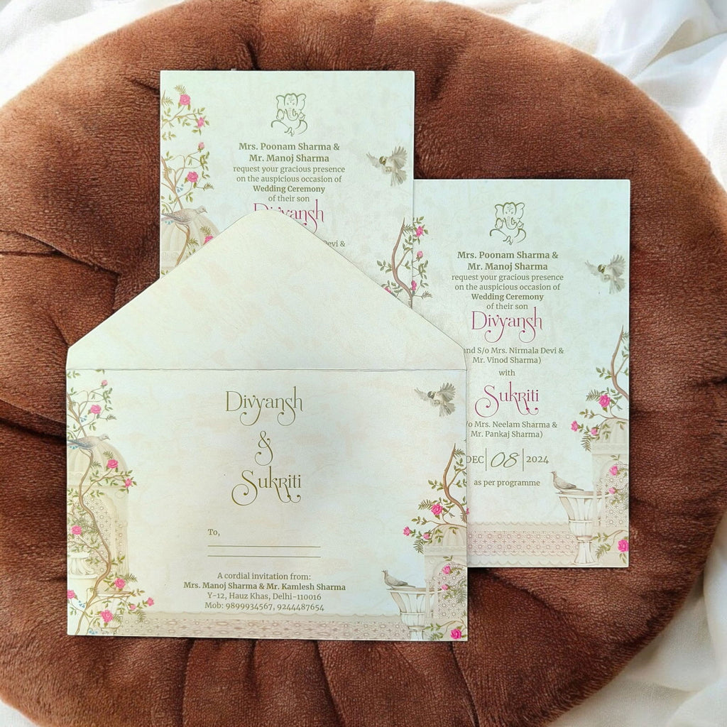 KL2215 Traditional Floral Design Luxury Wedding Invitation Card with 2 Printed Cards and Matching Envelope - Kalash Cards