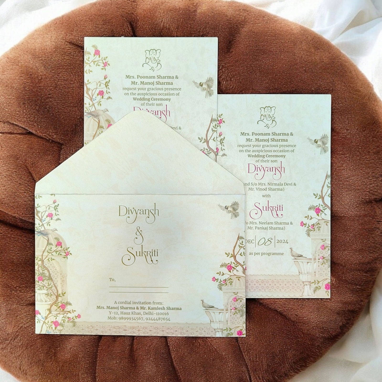 KL2215 Traditional Floral Design Luxury Wedding Invitation Card with 2 Printed Cards and Matching Envelope - Kalash Cards