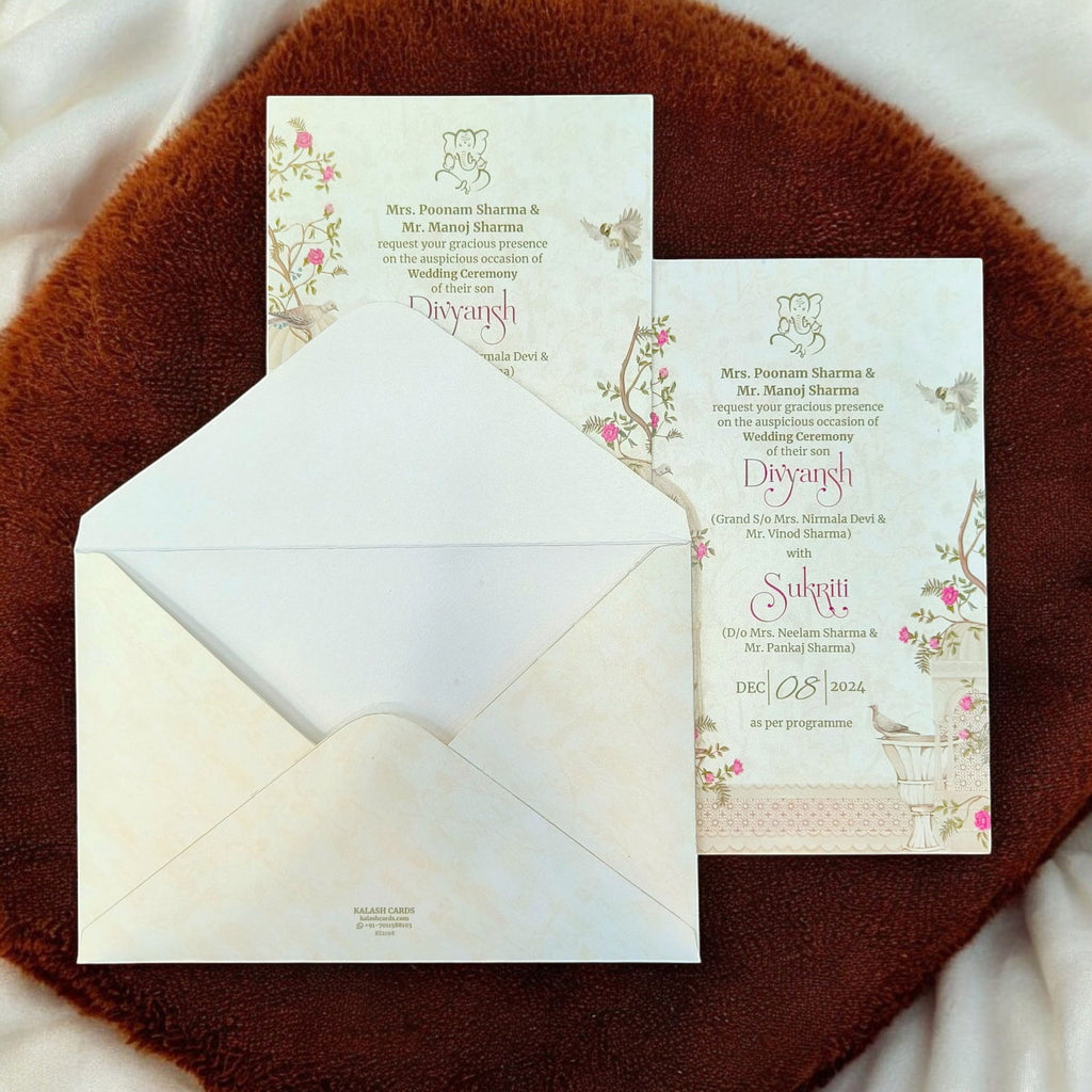 KL2215 Traditional Floral Design Luxury Wedding Invitation Card with 2 Printed Cards and Matching Envelope - Kalash Cards