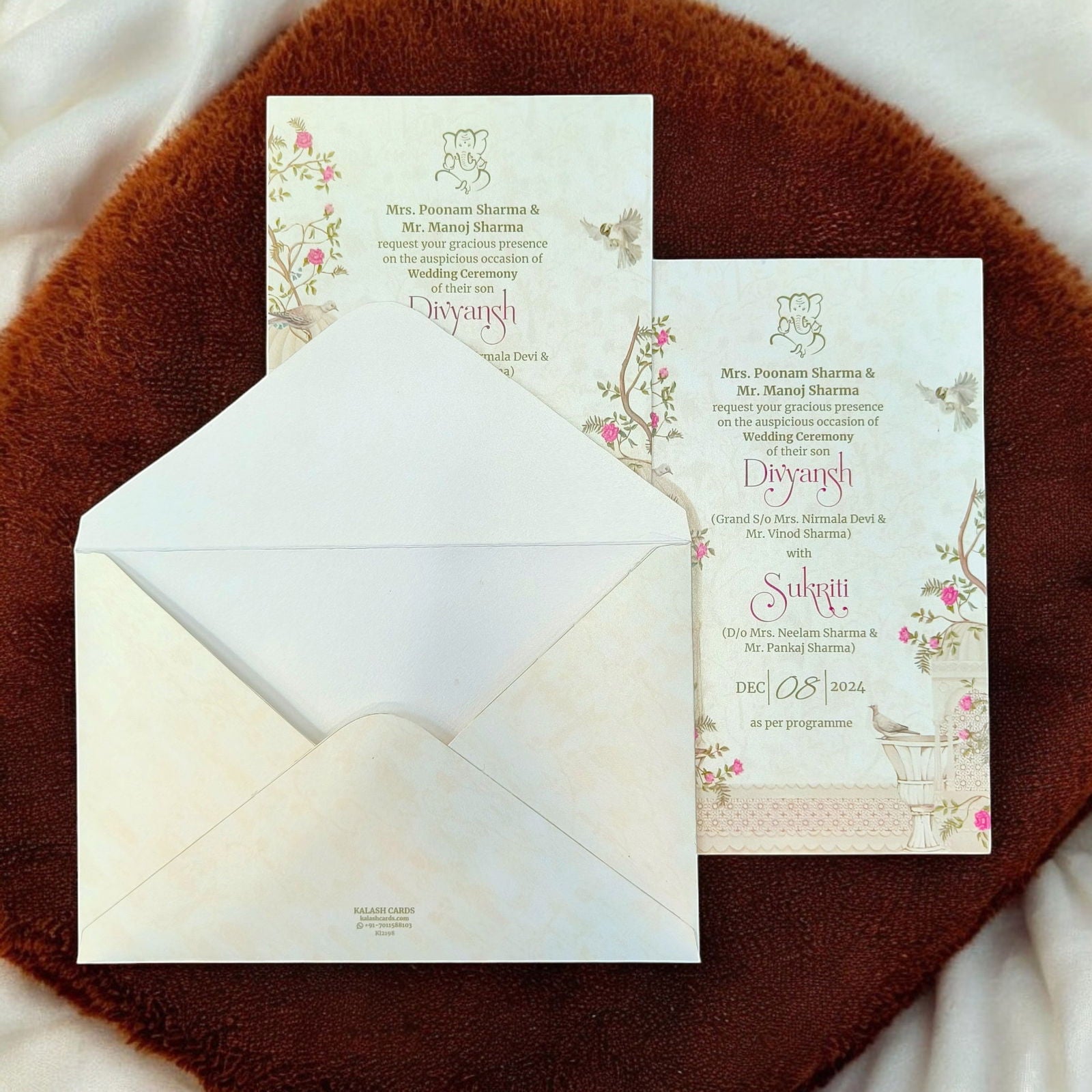 KL2215 Traditional Floral Design Luxury Wedding Invitation Card with 2 Printed Cards and Matching Envelope - Kalash Cards