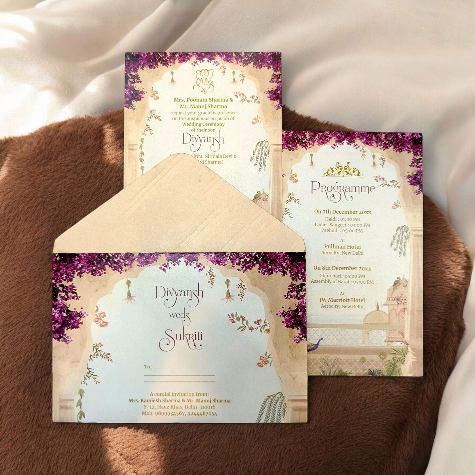 KL2216 Floral Arch Peacock Luxury Wedding Invitation Card with 2 Printed Cards and Matching Envelope - Kalash Cards