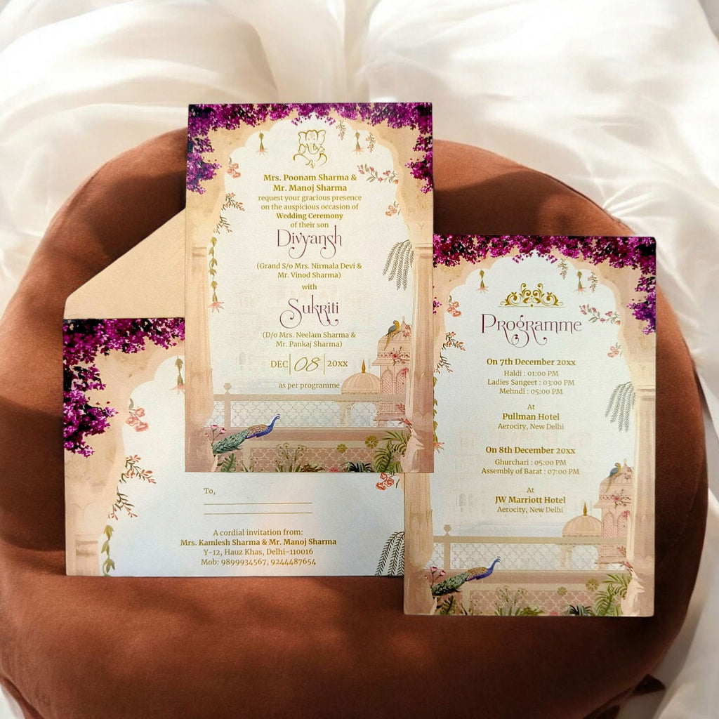 KL2216 Floral Arch Peacock Luxury Wedding Invitation Card with 2 Printed Cards and Matching Envelope - Kalash Cards