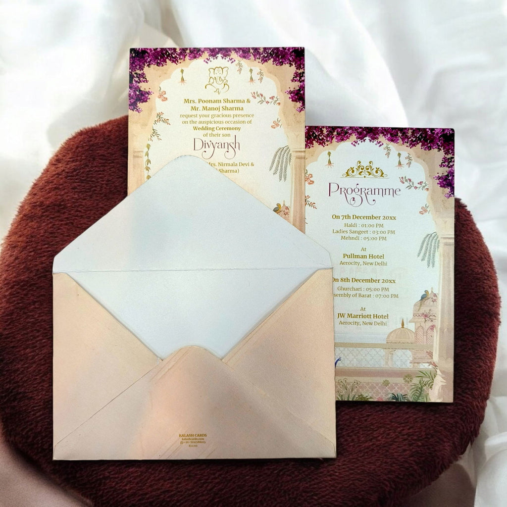 KL2216 Floral Arch Peacock Luxury Wedding Invitation Card with 2 Printed Cards and Matching Envelope - Kalash Cards