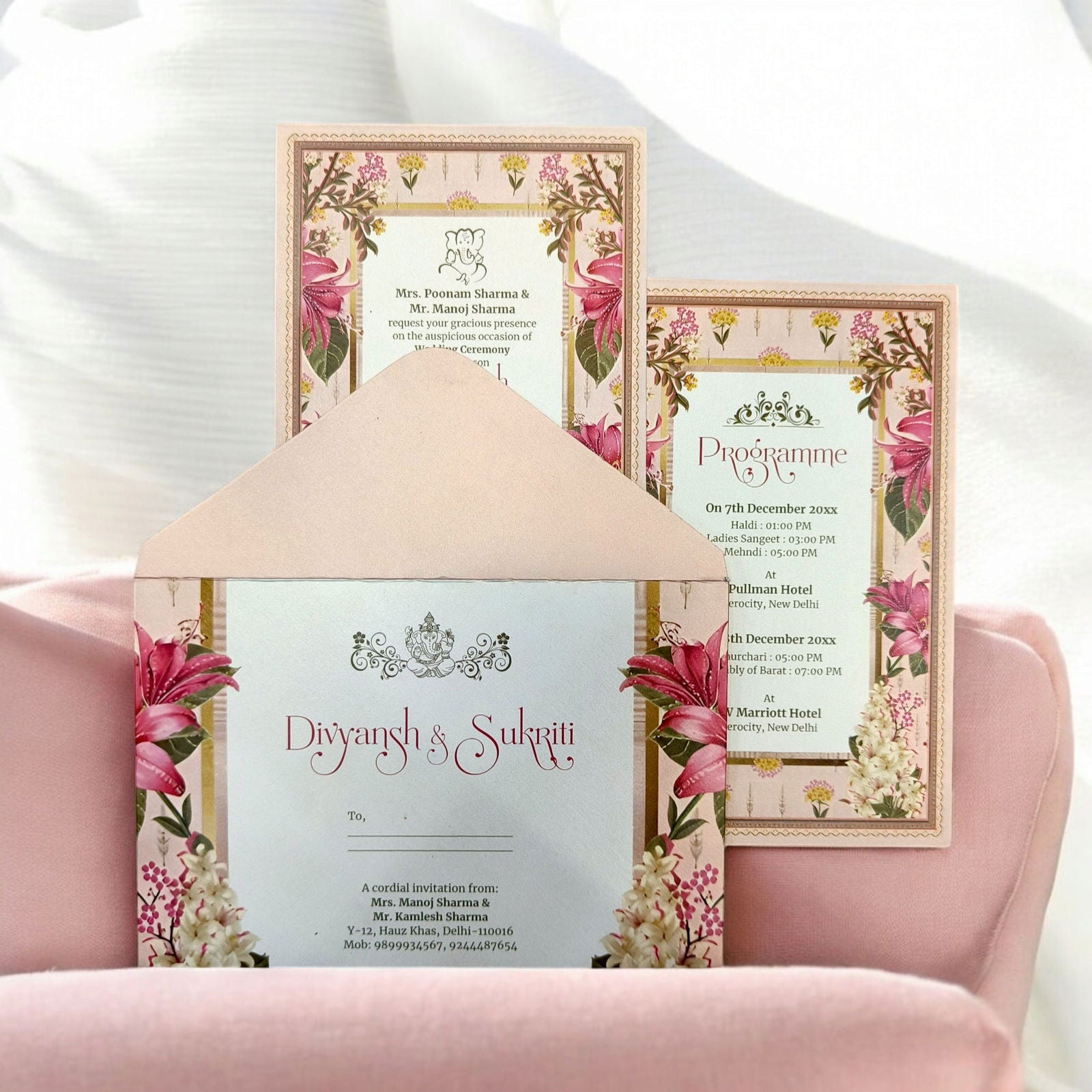 KL2220 Floral Design Luxury Wedding Invitation Card with 2 Printed Cards and Matching Envelope - Kalash Cards