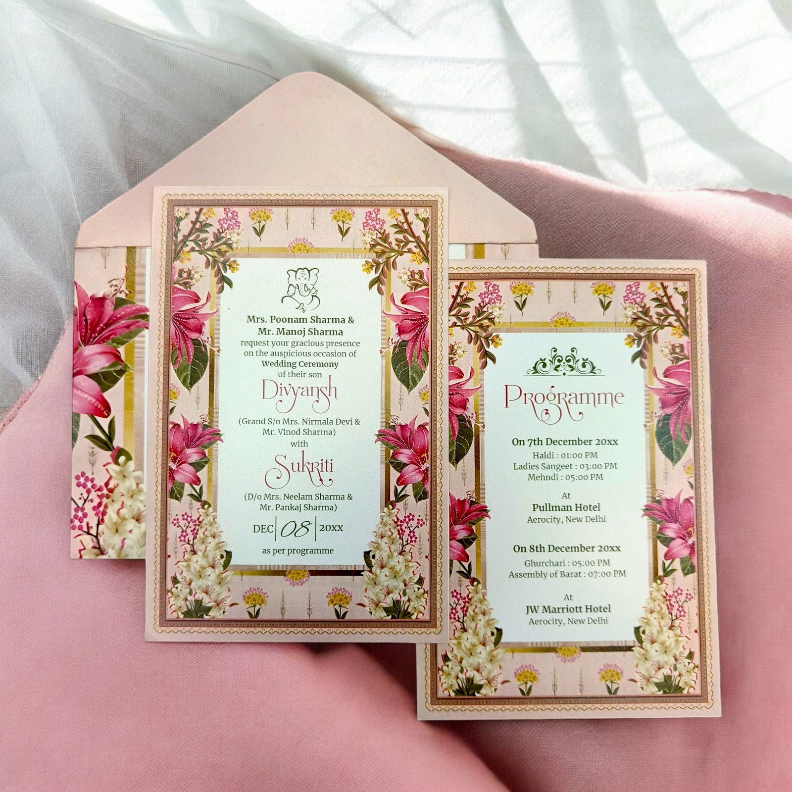 KL2220 Floral Design Luxury Wedding Invitation Card with 2 Printed Cards and Matching Envelope - Kalash Cards