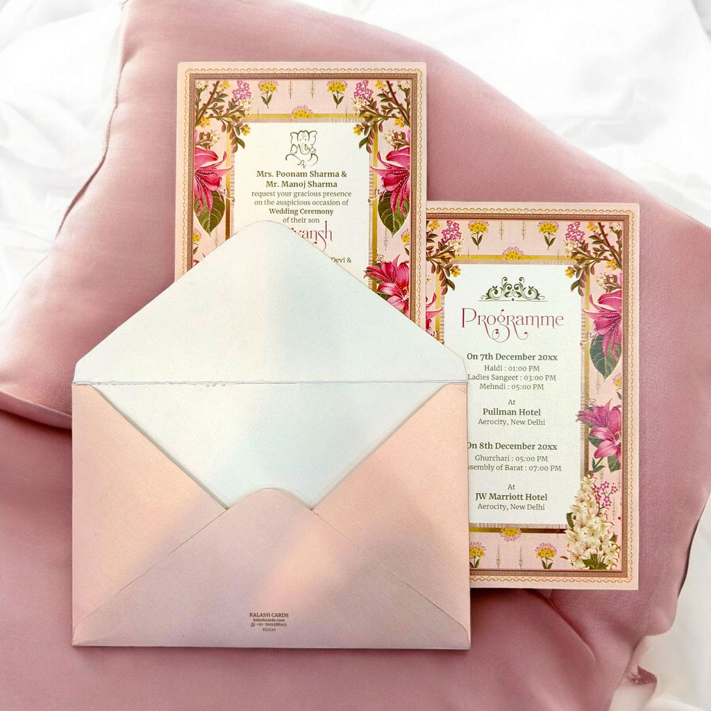 KL2220 Floral Design Luxury Wedding Invitation Card with 2 Printed Cards and Matching Envelope - Kalash Cards