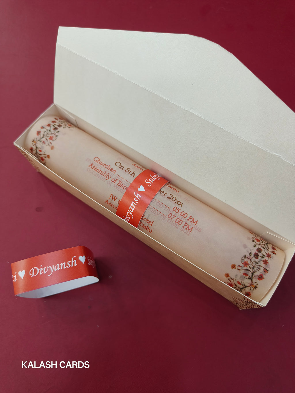 KL2231 Luxury Translucent Scroll Wedding Card with Matching Box Cover and Personalised Band-Kalash Cards