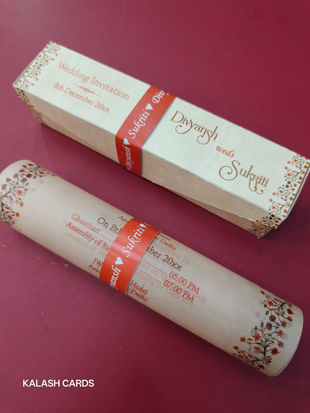 KL2231 Luxury Translucent Scroll Wedding Card with Matching Box Cover and Personalised Band-Kalash Cards