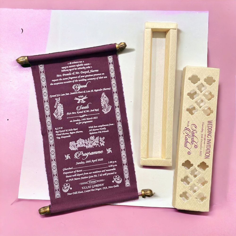 KL23 Velvet Fabric Scroll Wedding Card with Box - Kalash Cards