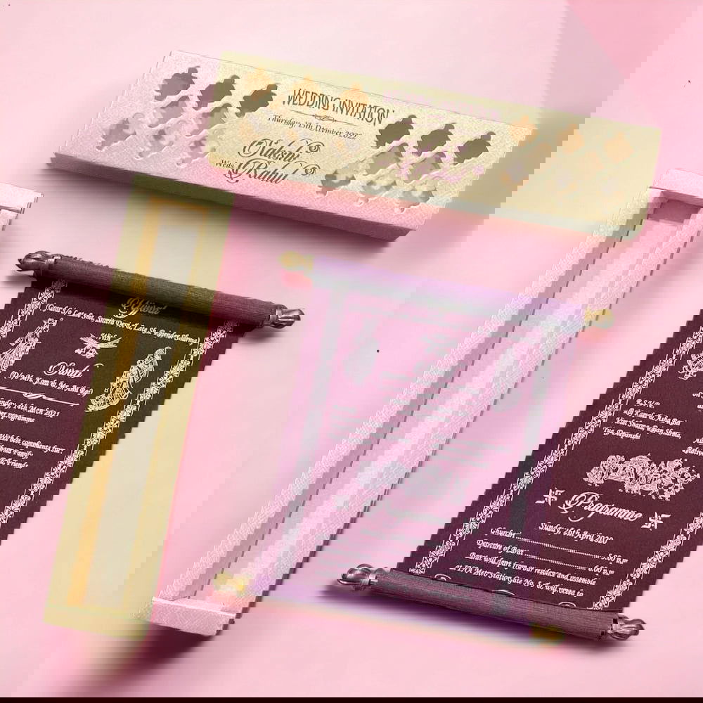 KL23 Velvet Fabric Scroll Wedding Card with Box - Kalash Cards