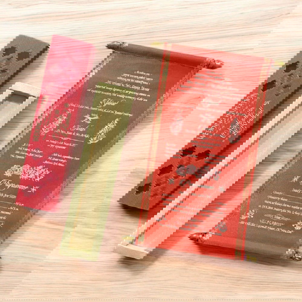 KL24 Satin Fabric Scroll Wedding Card with Box - Kalash Cards