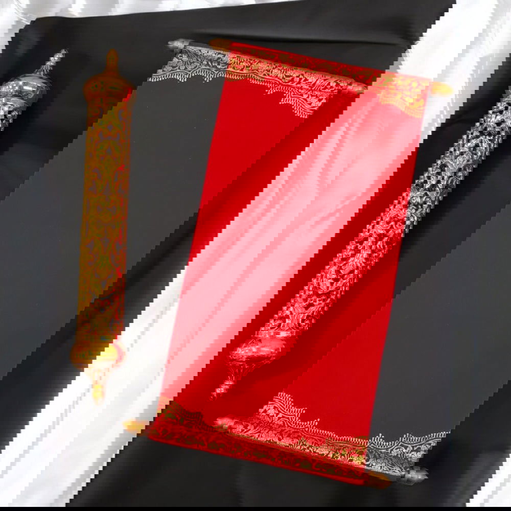 KL26 Velvet Fabric Scroll Wedding Card with Designer Plastic Holder - Kalash Cards