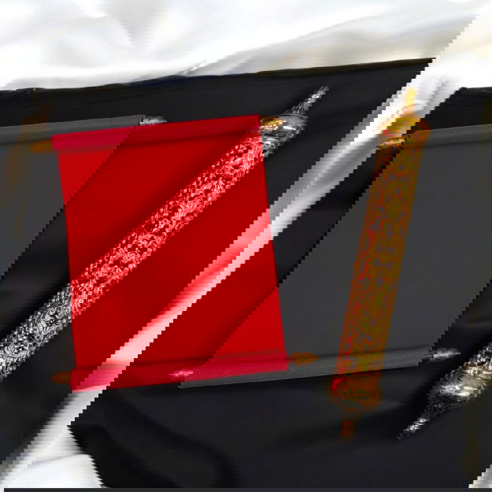 KL26 Velvet Fabric Scroll Wedding Card with Designer Plastic Holder - Kalash Cards