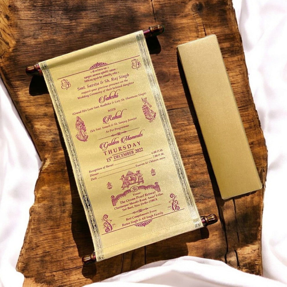 KL27 Satin Fabric Scroll Wedding Card with Box - Kalash Cards