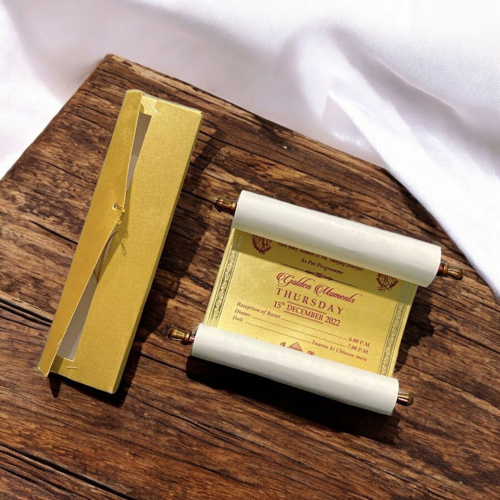 KL27 Satin Fabric Scroll Wedding Card with Box - Kalash Cards