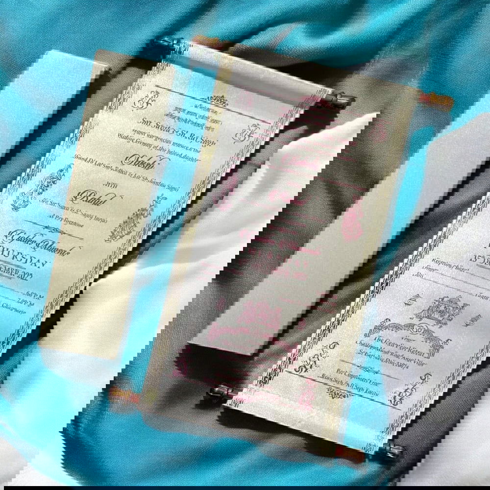 KL28 Satin Fabric Scroll Wedding Card with Box - Kalash Cards