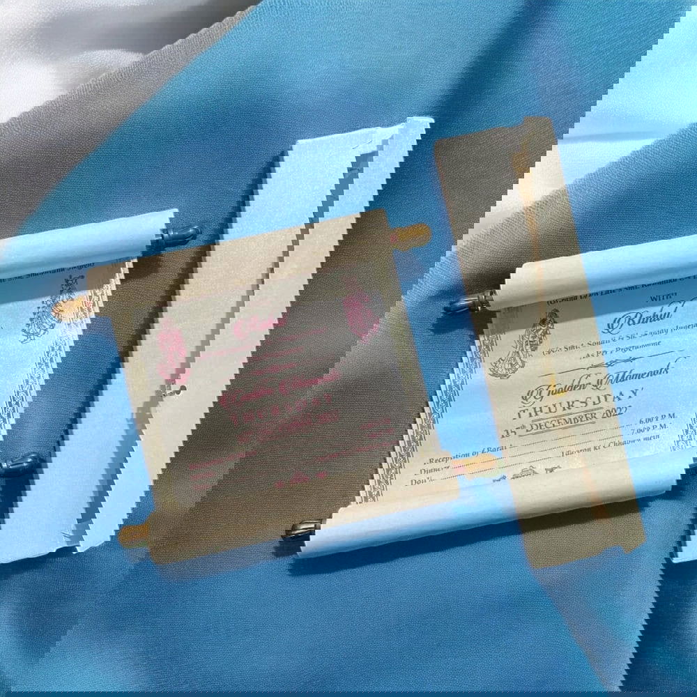 KL28 Satin Fabric Scroll Wedding Card with Box - Kalash Cards