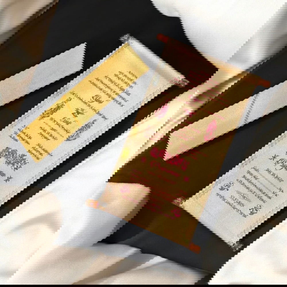 KL5 Satin Fabric Scroll Wedding Card with Box - Kalash Cards