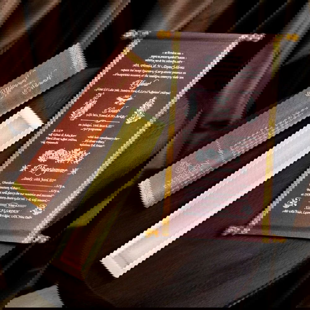 KL7 Satin Fabric Scroll Wedding Card with Box - Kalash Cards