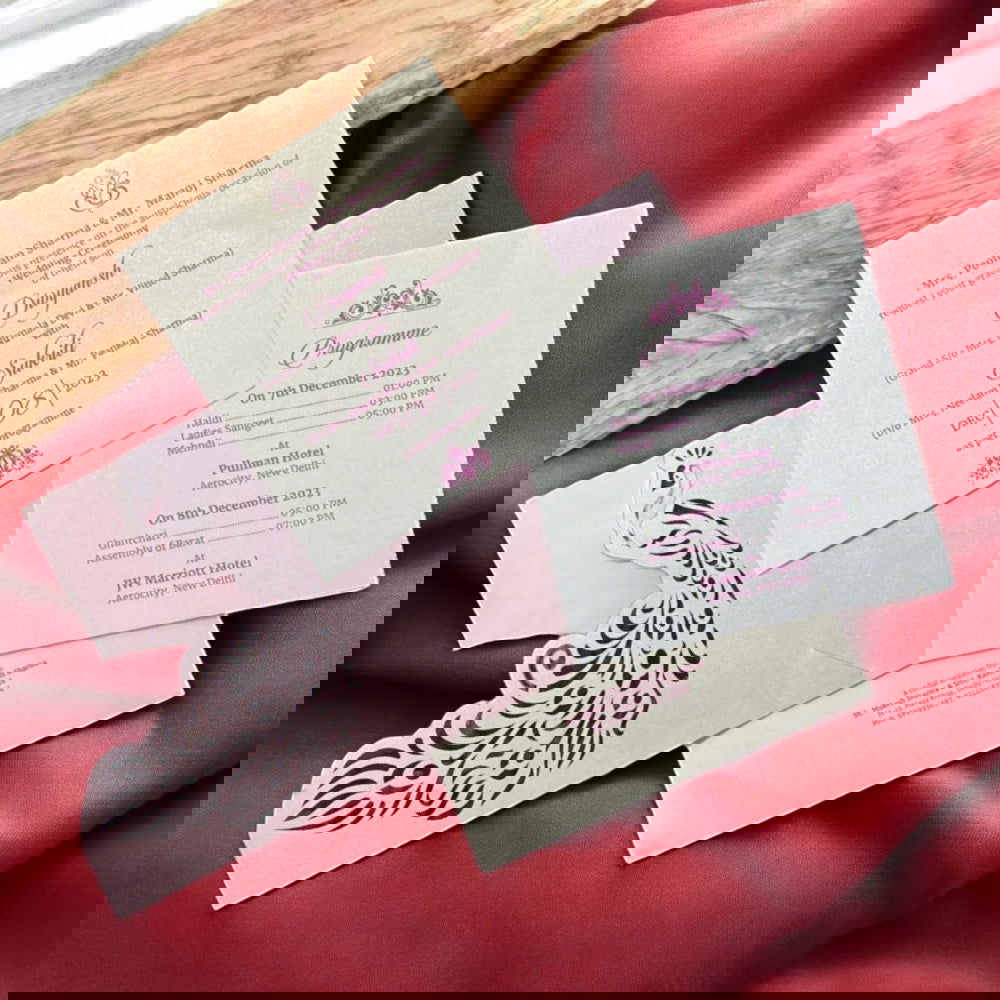 KL8001-4 Laser Cut Paper Wedding Card with 2 Card Inserts and 1 Envelope - Kalash Cards