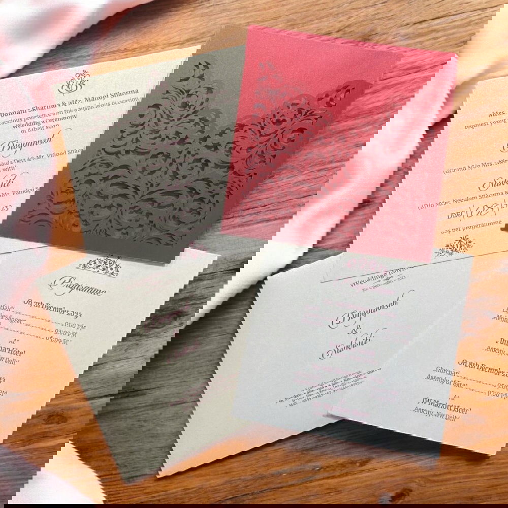 KL8002-1 Laser Cut Paper Wedding Card with 2 Card Inserts and 1 Envelope - Kalash Cards