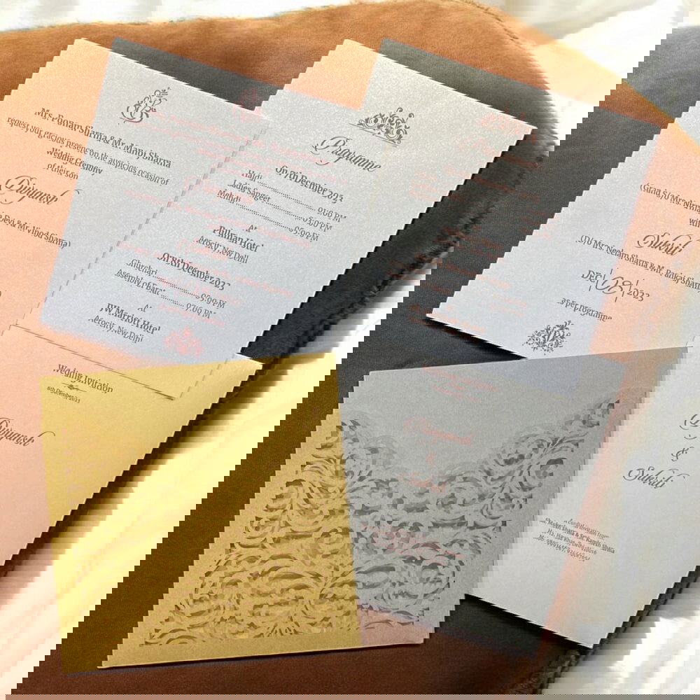 KL8002-3 Laser Cut Paper Wedding Card with 2 Card Inserts and 1 Envelope - Kalash Cards