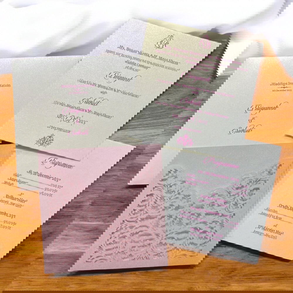 KL8002-4 Laser Cut Paper Wedding Card with 2 Card Inserts and 1 Envelope - Kalash Cards