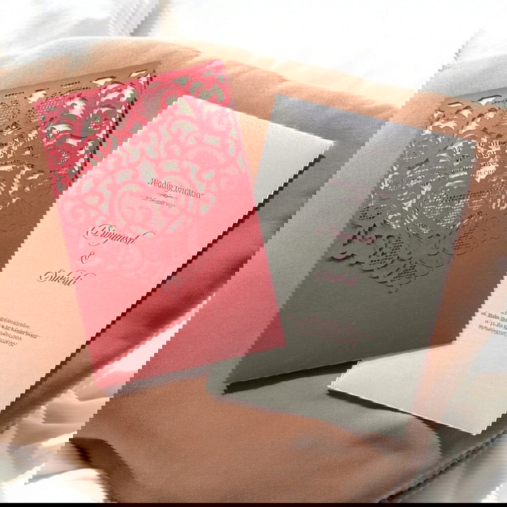 KL8004-1 Laser Cut Paper Wedding Card with 2 Card Inserts and 1 Envelope - Kalash Cards