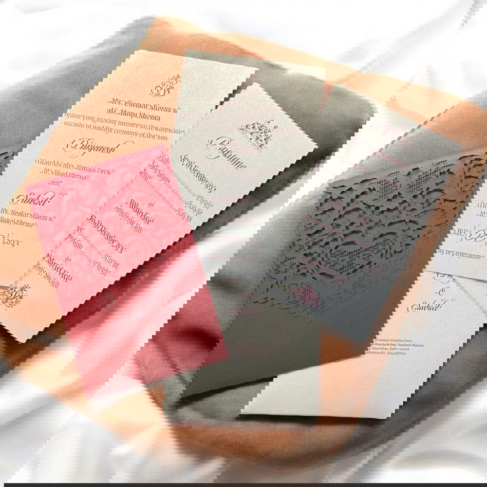 KL8004-1 Laser Cut Paper Wedding Card with 2 Card Inserts and 1 Envelope - Kalash Cards