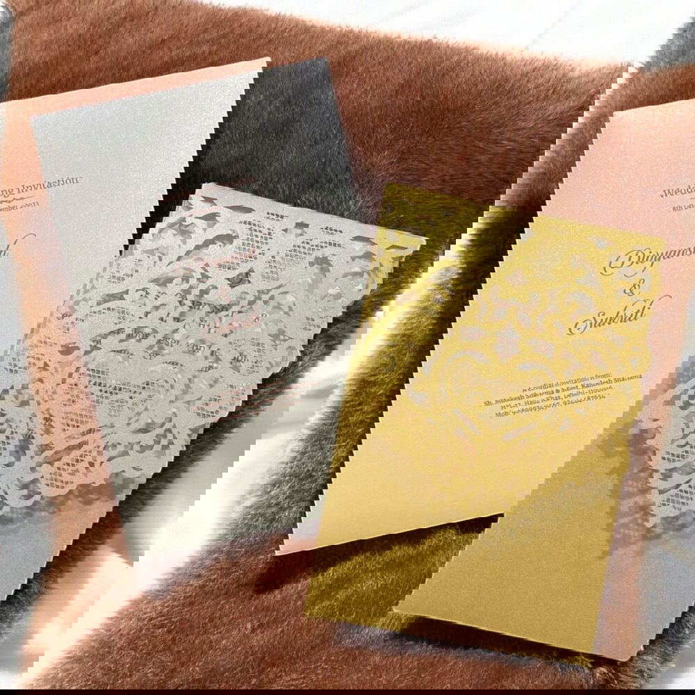 KL8004-3 Laser Cut Paper Wedding Card with 2 Card Inserts and 1 Envelope - Kalash Cards