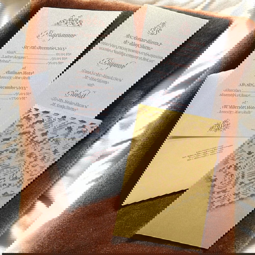 KL8004-3 Laser Cut Paper Wedding Card with 2 Card Inserts and 1 Envelope - Kalash Cards