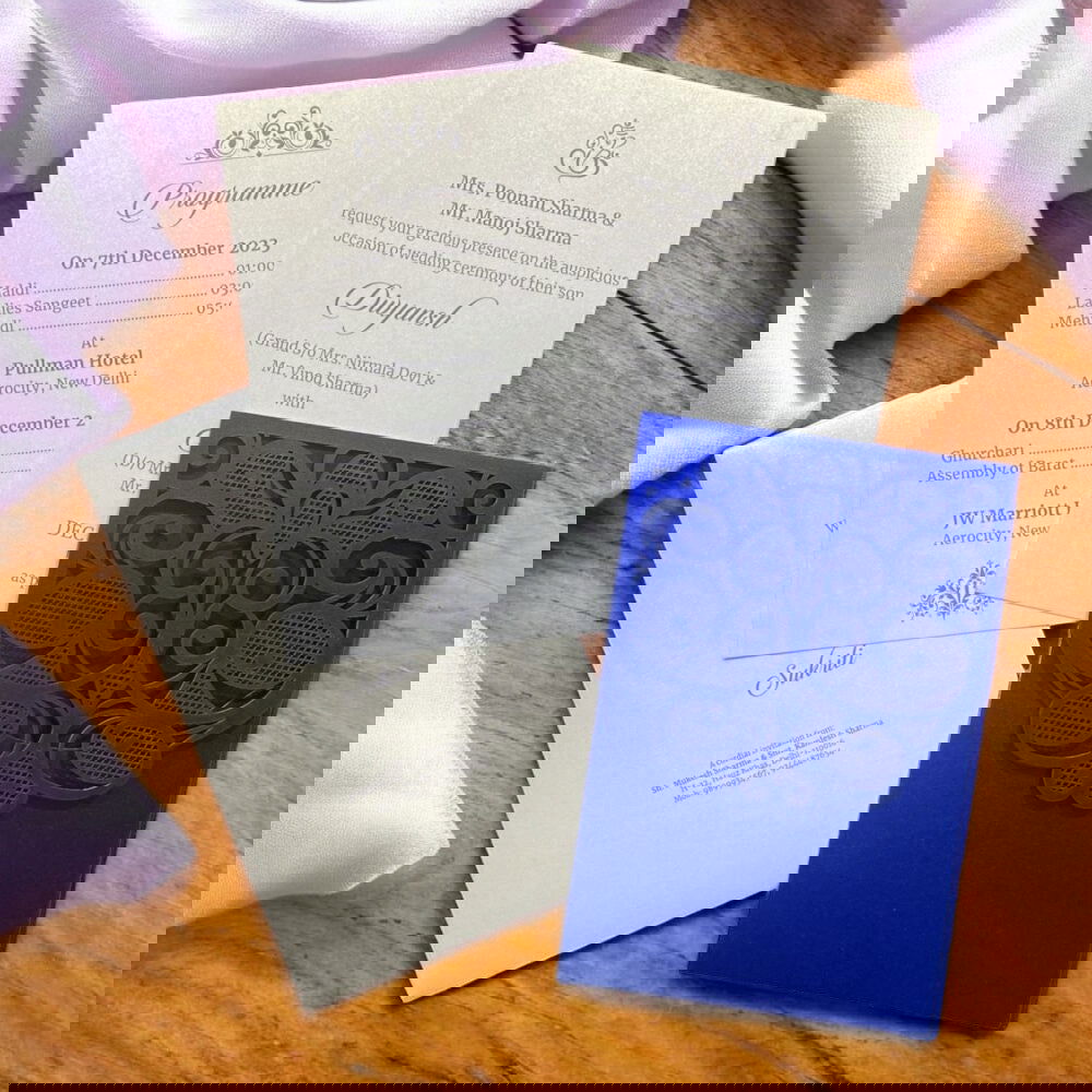 KL8005-2 Laser Cut Paper Wedding Card with 2 Card Inserts and 1 Envelope - Kalash Cards