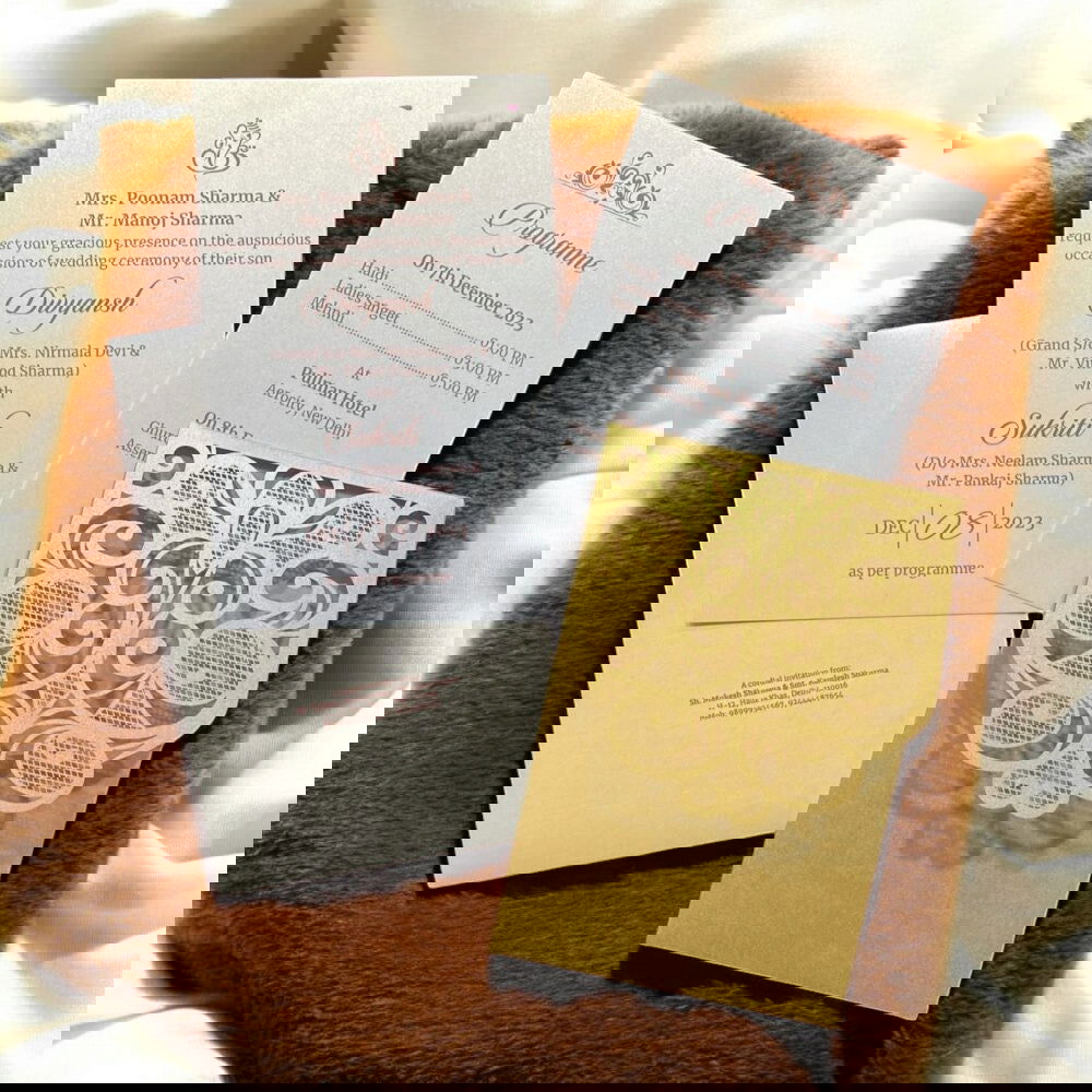 KL8005-3 Laser Cut Paper Wedding Card with 2 Card Inserts and 1 Envelope - Kalash Cards