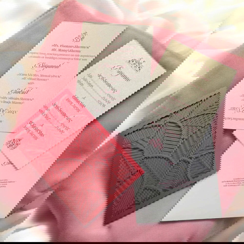 KL8007-1 Laser Cut Paper Wedding Card with 2 Card Inserts and 1 Envelope - Kalash Cards