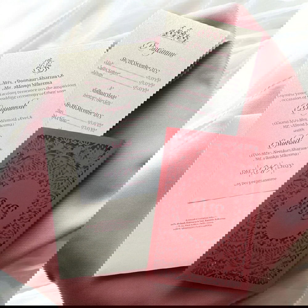 KL8008-1 Laser Cut Paper Wedding Card with 2 Card Inserts and 1 Envelope - Kalash Cards