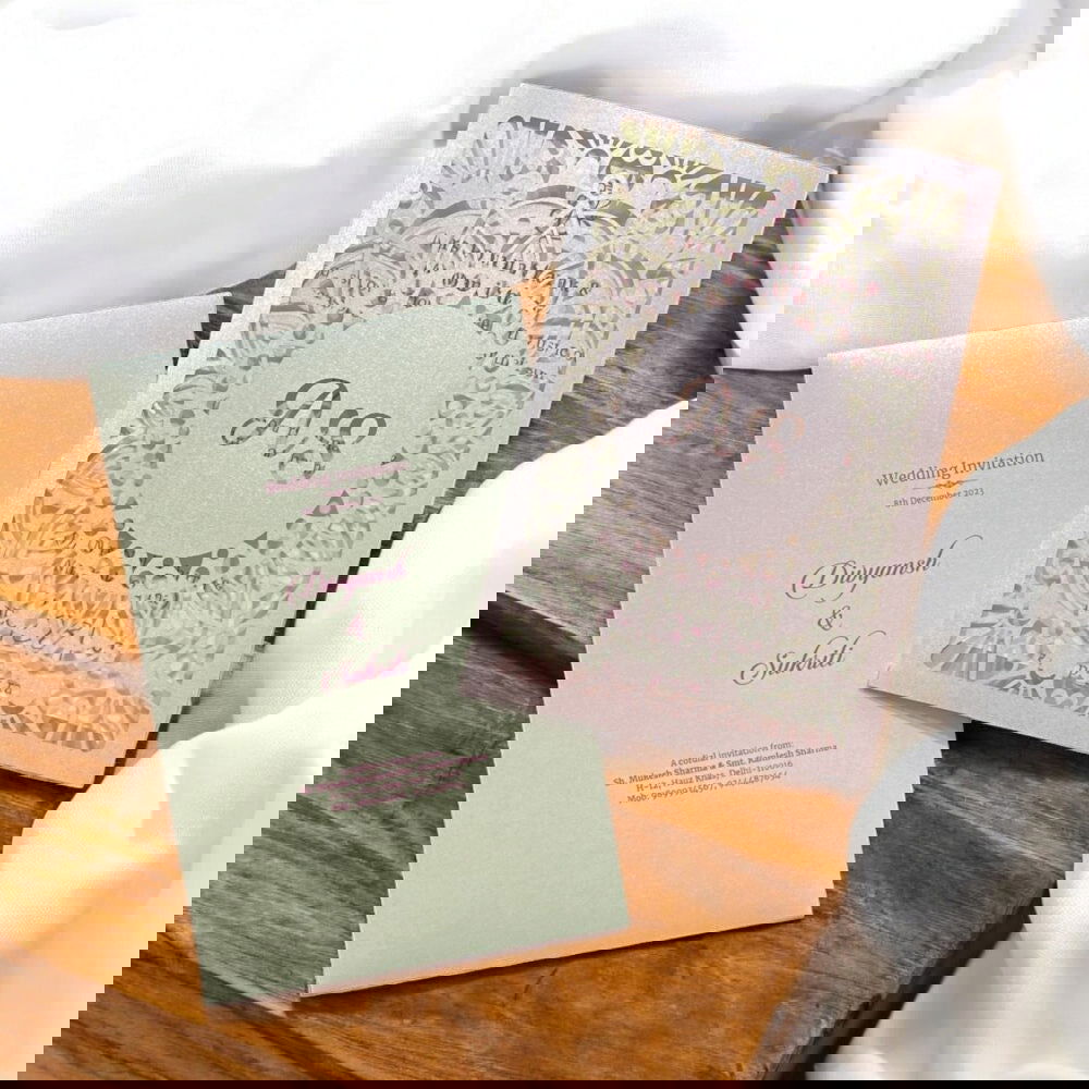 KL8008-4 Laser Cut Paper Wedding Card with 2 Card Inserts and 1 Envelope - Kalash Cards