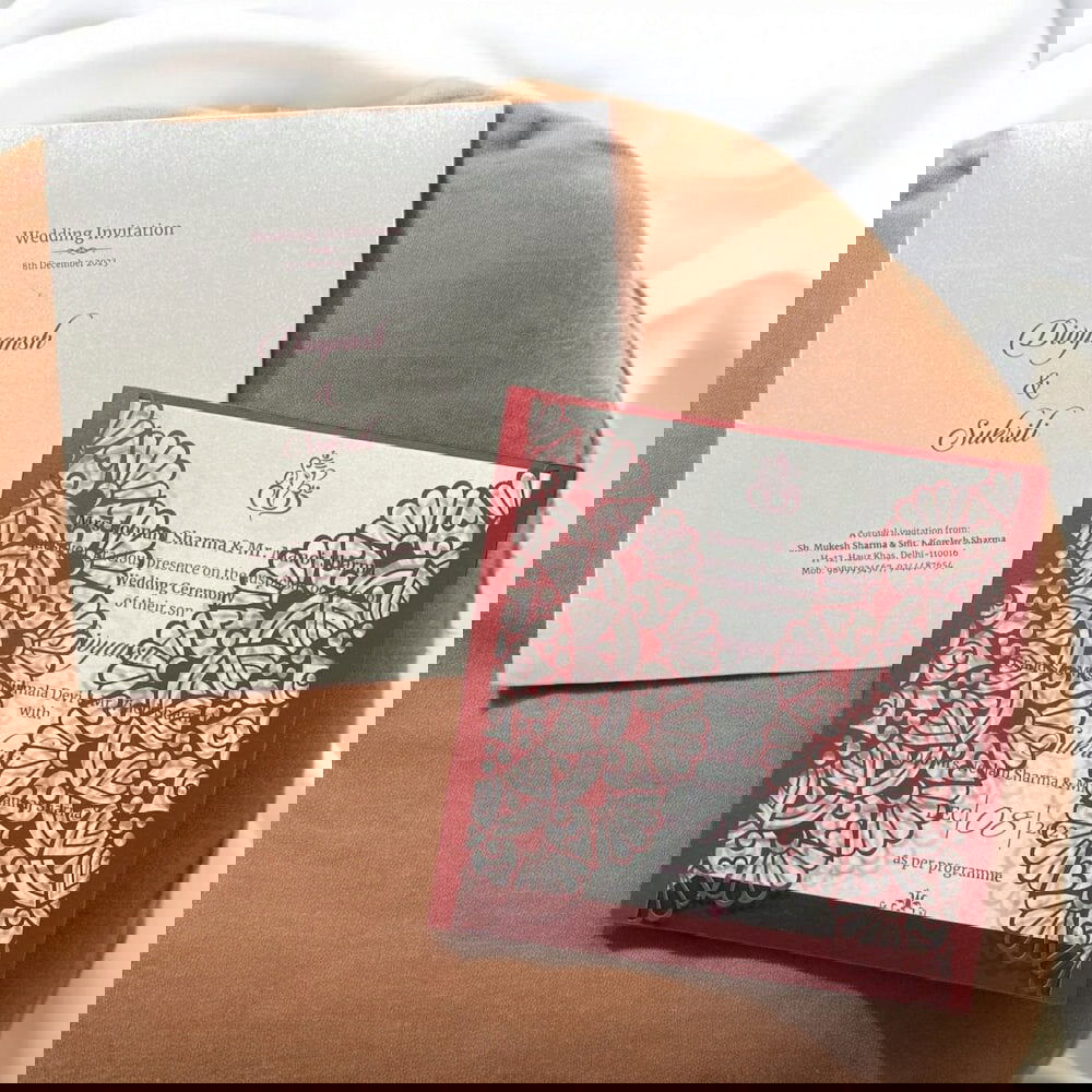 KL8009-1 Laser Cut Paper Wedding Card with 2 Card Inserts and 1 Envelope - Kalash Cards