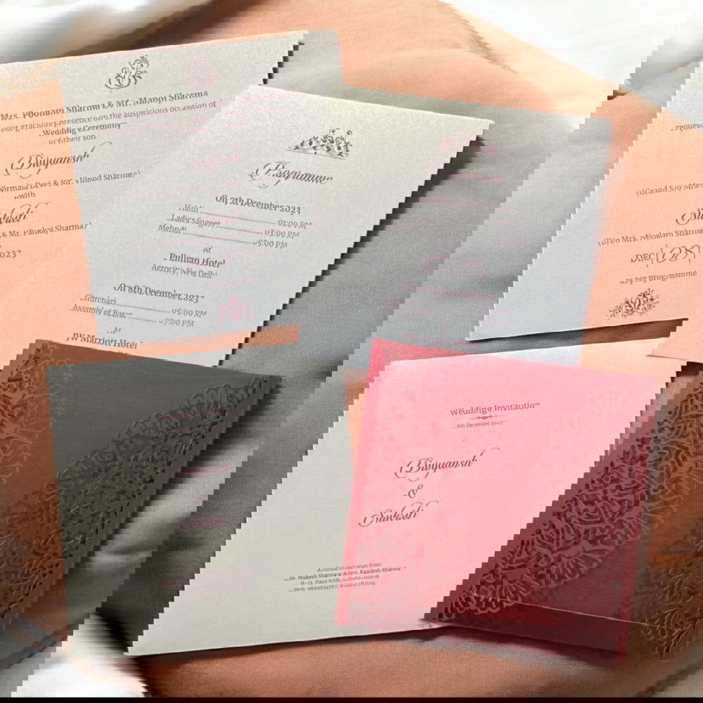 KL8009-1 Laser Cut Paper Wedding Card with 2 Card Inserts and 1 Envelope - Kalash Cards