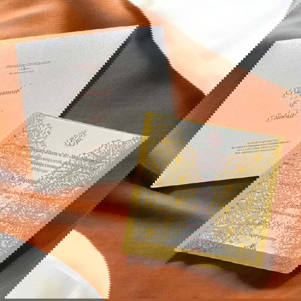 KL8009-3 Laser Cut Paper Wedding Card with 2 Card Inserts and 1 Envelope - Kalash Cards