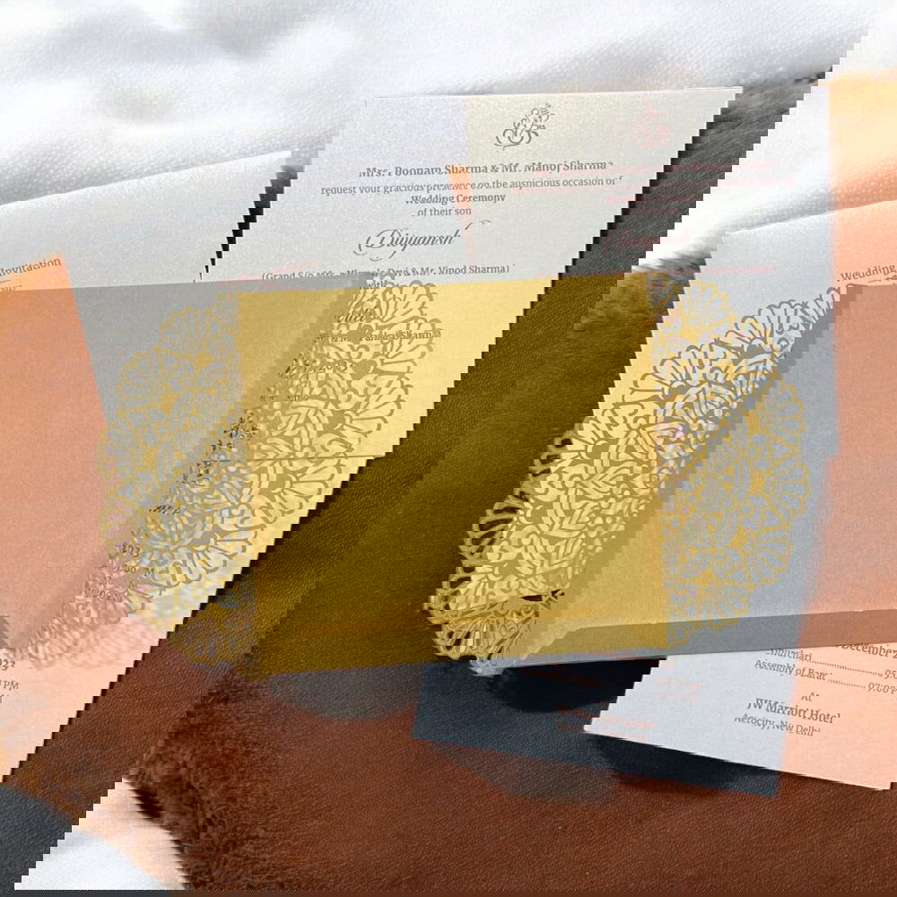 KL8009-3 Laser Cut Paper Wedding Card with 2 Card Inserts and 1 Envelope - Kalash Cards